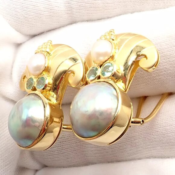 Rare! Vintage Paula Crevoshay 18k Gold Abalone Pearl Blue Gemstone Earrings OOAK - Picture 7 of 15